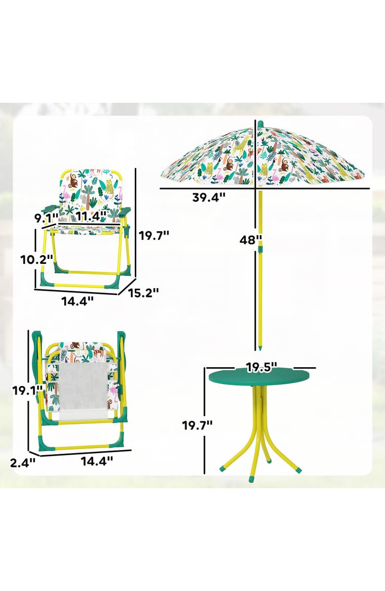 Qaba Kids Outdoor Picnic Table with Folding Chairs and Umbrella, Alternate, color, Green