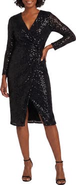 London Times Side Twist Sequin Long Sleeve Midi Dress