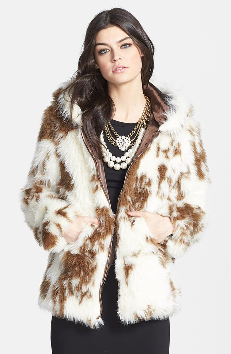 Lark Spot Print Hooded Faux Fur Coat, Main, color,