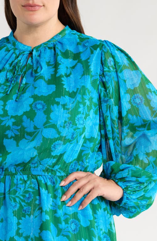 Sugarlips Amren Floral Long Sleeve Metallic Georgette Minidress In Blue
