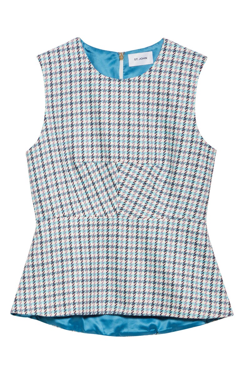 ST. JOHN Houndstooth Sleeveless Stretch Cotton Top, Alternate, color, Tropical Blue/ Ivory Multi