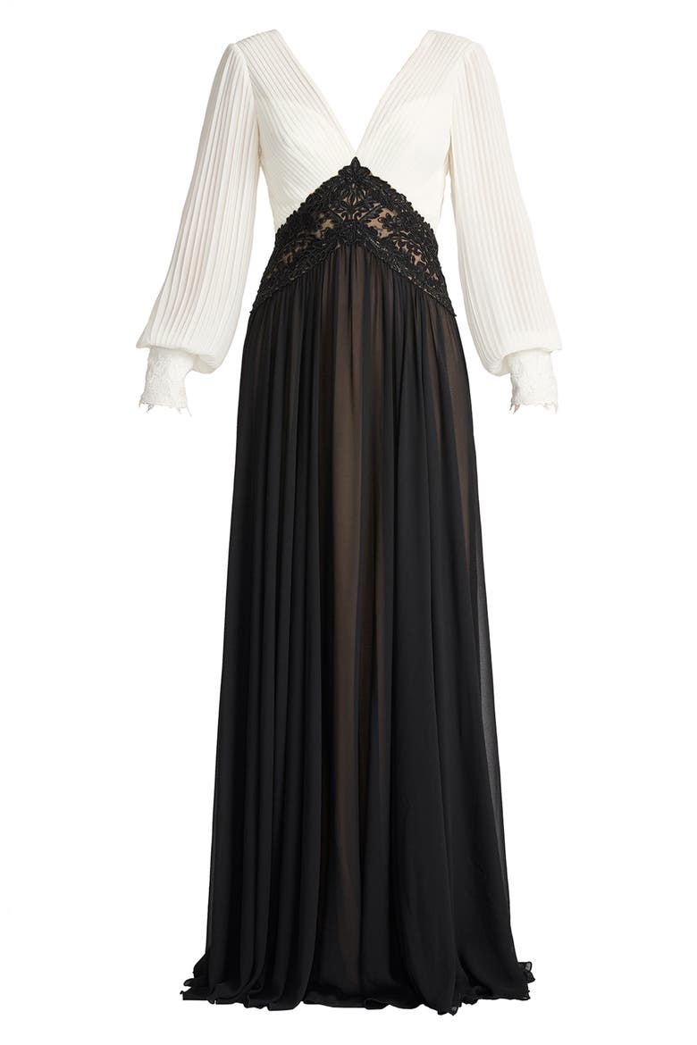 Pleated Bodice Long Sleeve Gown, Alternate, color, IVORY/ BLACK