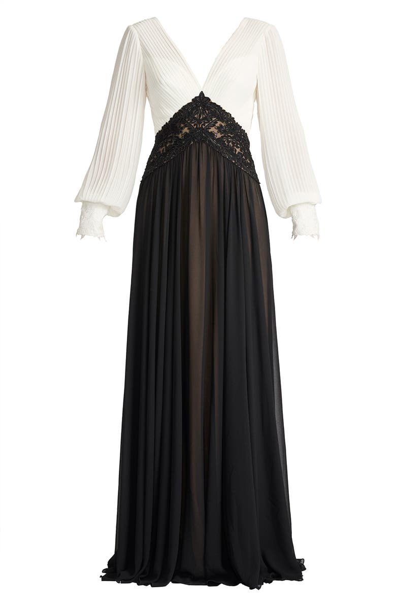 Tadashi Shoji Pleated Bodice Long Sleeve Gown, Alternate, color, Ivory/ Black