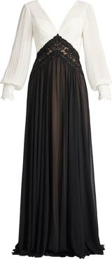 Tadashi Shoji Pleated Bodice Long Sleeve Gown