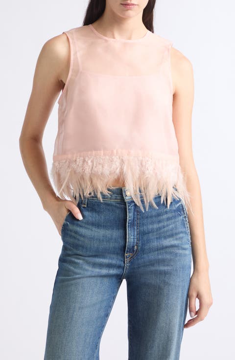 Avi Sleeveless Feather Trim Silk Top