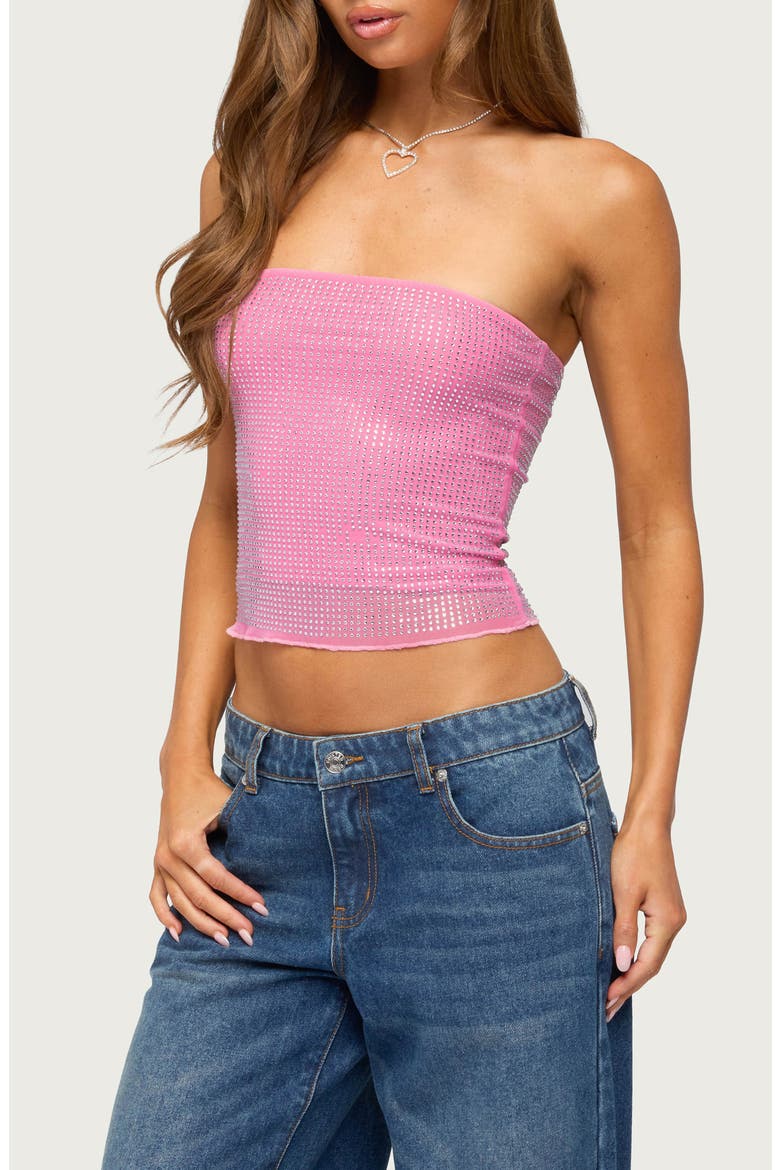 Olea Rhinestone Mesh Tube Top, Alternate, color, PINK