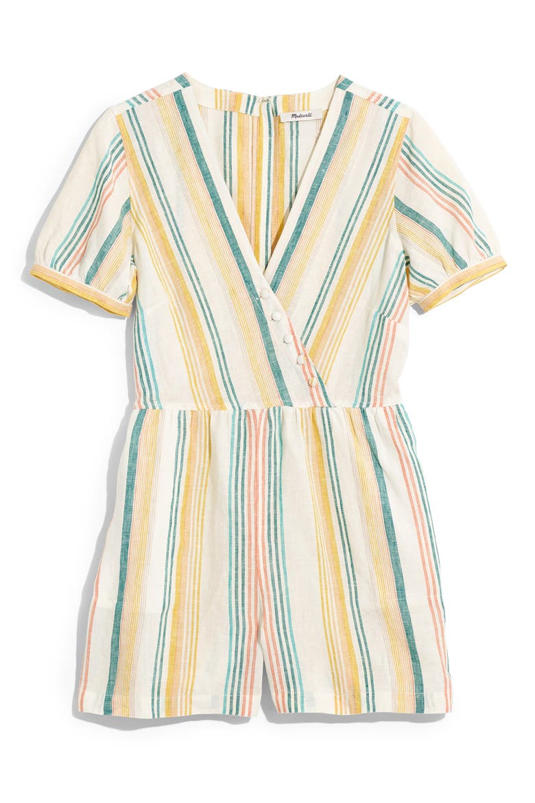 Stripe Linen Button Wrap Romper, Main, color, PALE PARCHMENT CARNIVAL STRIPE