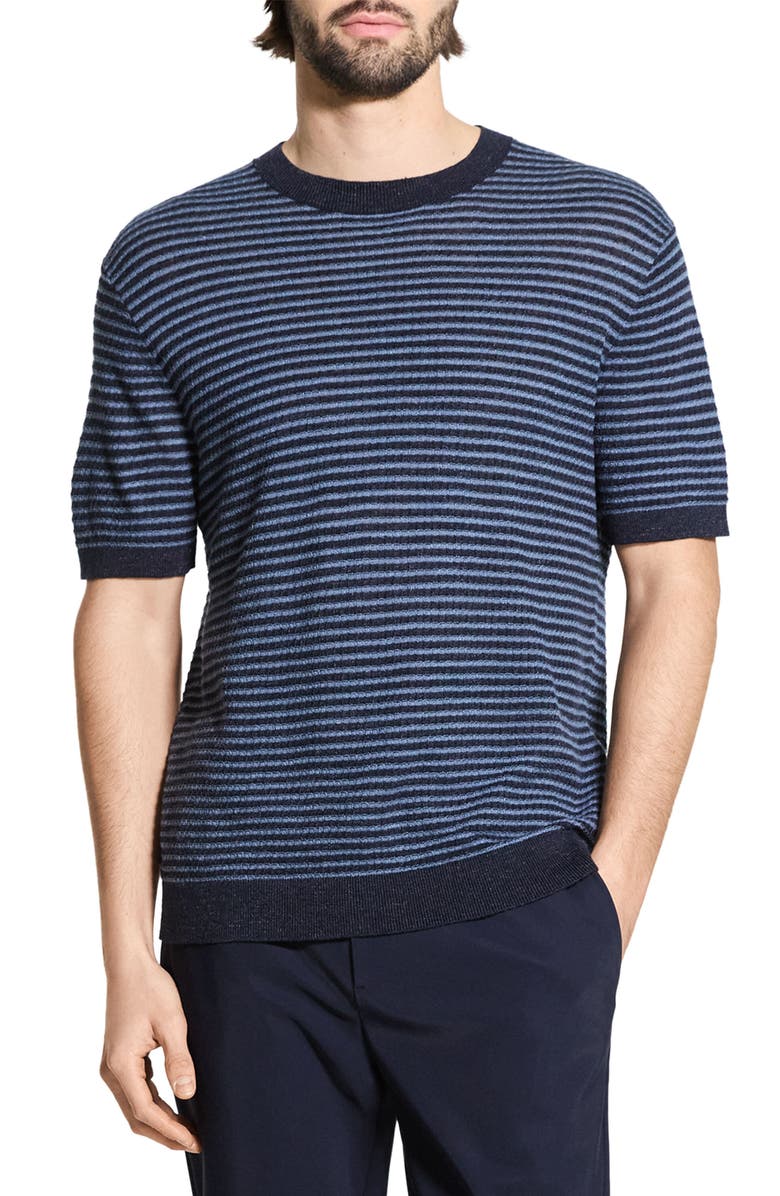 Theory Stripe Short Sleeve Linen & Cotton Blend Crewneck Sweater, Main, color, Baltic/Dark Rainstorm - 2Dw