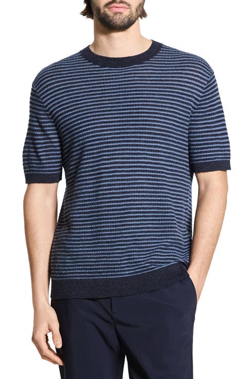 Stripe Short Sleeve Linen & Cotton Blend Crewneck Sweater