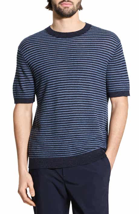 Theory Stripe Short Sleeve Linen & Cotton Blend Crewneck Sweater