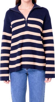 English Factory Stripe Half Zip Sweater