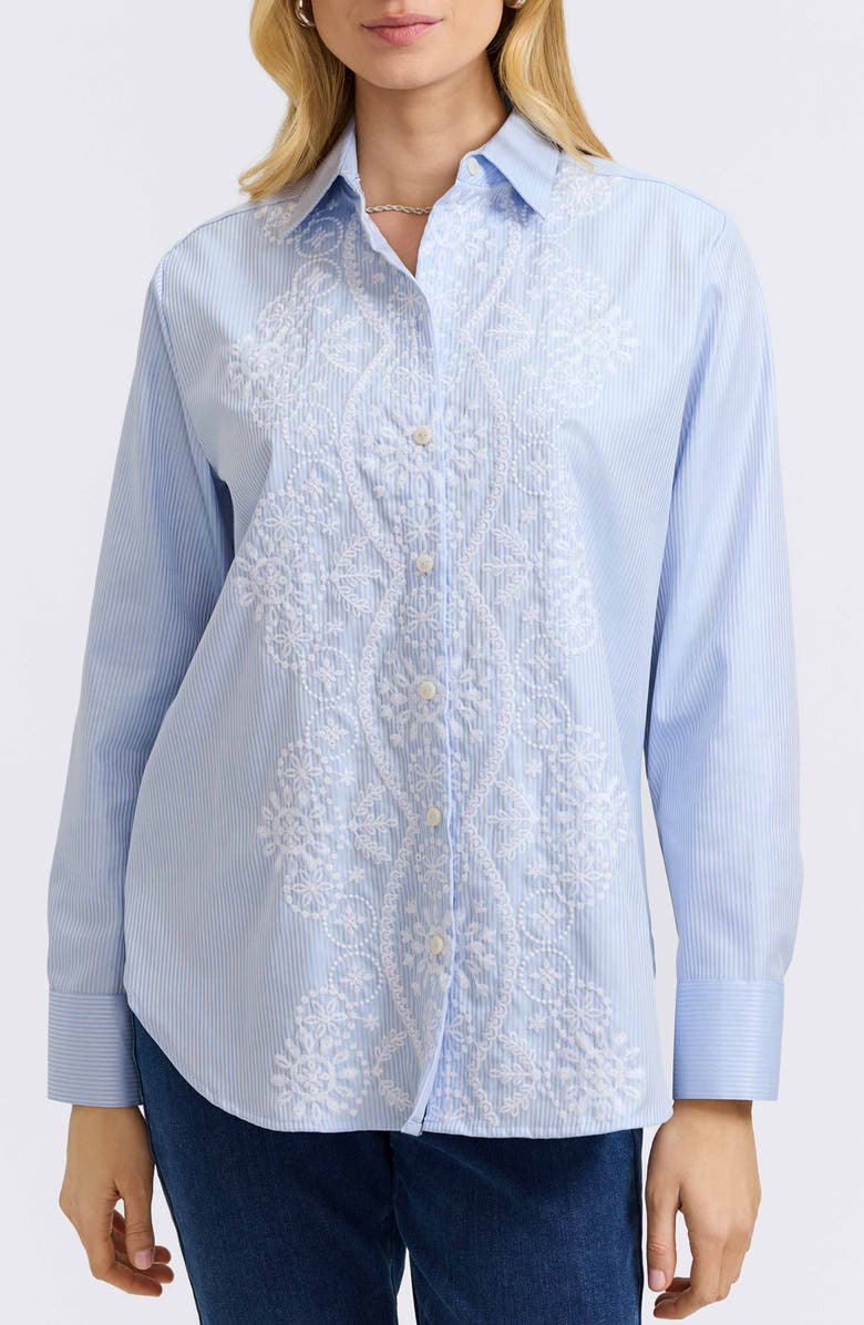 Foxcroft Meghan Stripe Embroidered Cotton Button-Up Shirt, Main, color, Soft Blue
