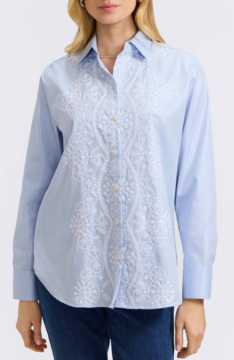 Meghan Stripe Embroidered Cotton Button-Up Shirt