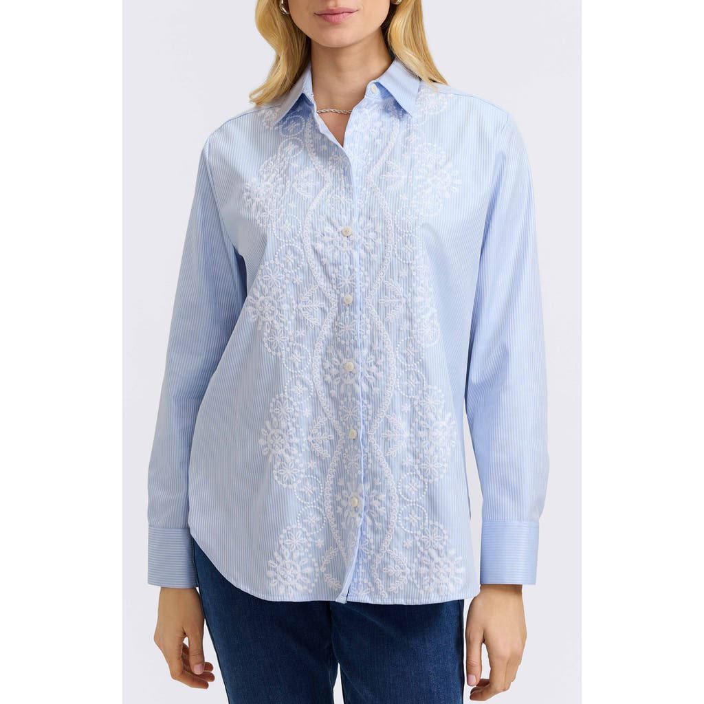 Foxcroft Meghan Stripe Embroidered Cotton Button-up Shirt In Soft Blue