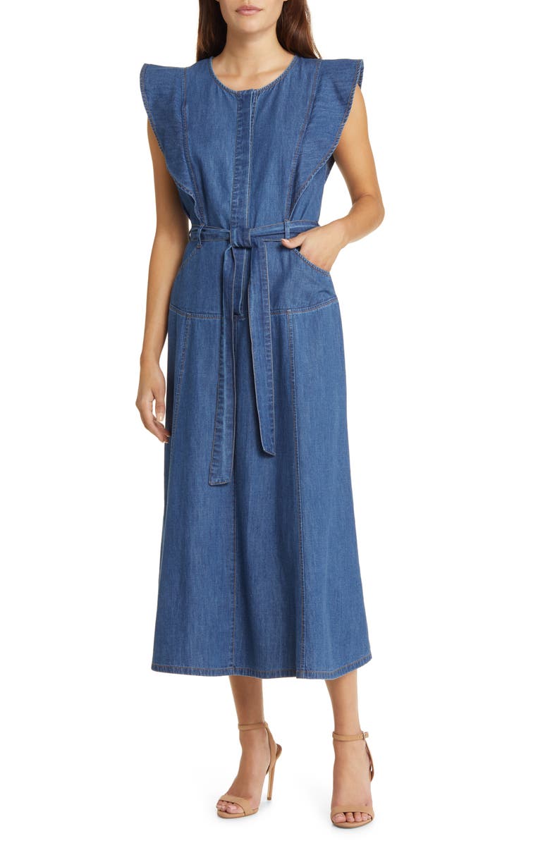 Du Paradis Tie Waist Denim A-Line Midi Dress, Main, color, 