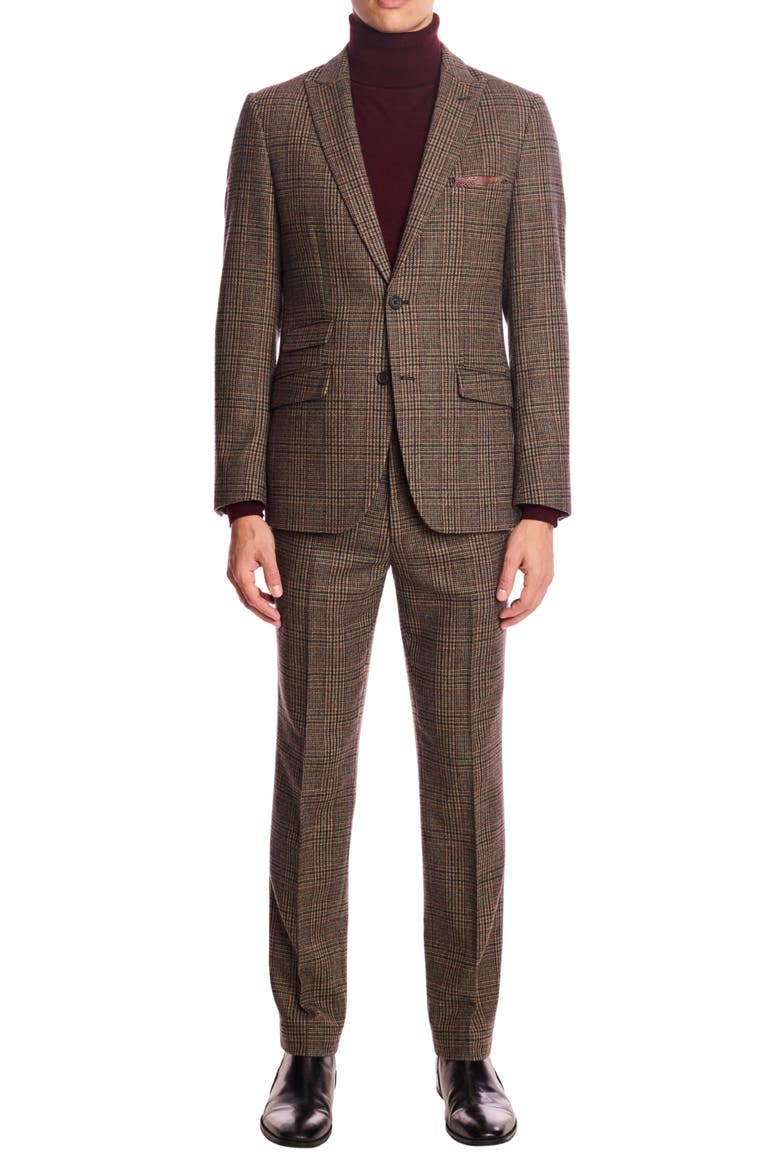 Downing Slim Fit Flat Front Houndstooth Wool Blend Dress Pants, Alternate, color, TEAL BURGUNDY BROWN PLAID