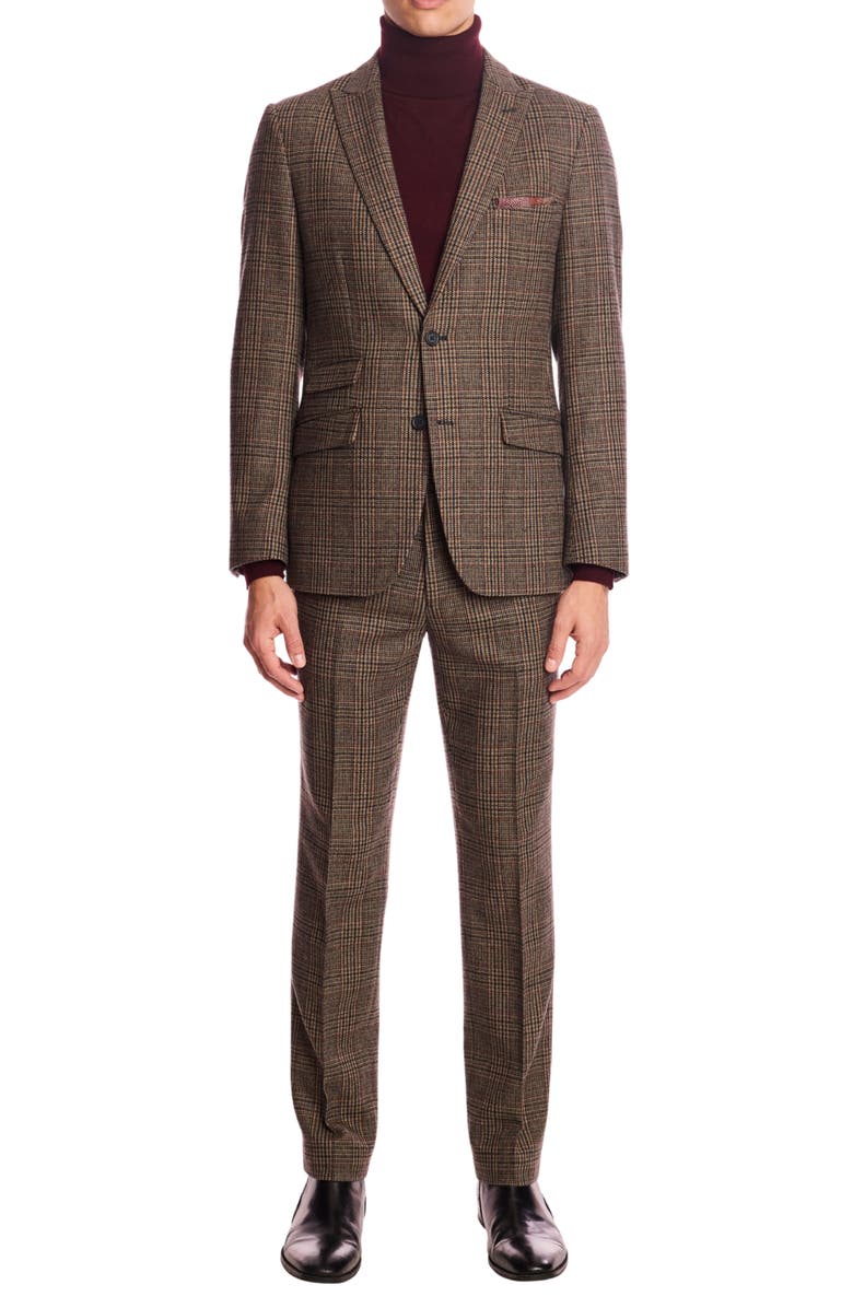 PAISLEY & GRAY Downing Slim Fit Flat Front Houndstooth Wool Blend Dress Pants, Alternate, color, Teal Burgundy Brown Plaid