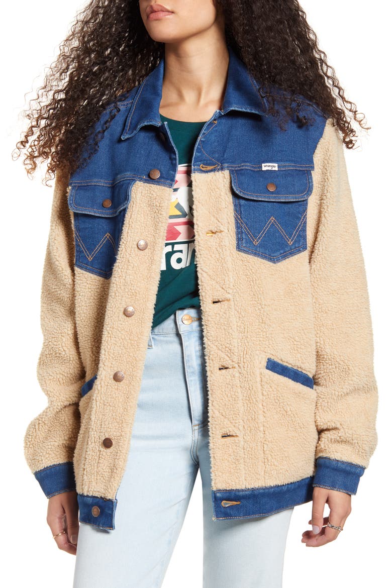Oversized Faux Shearling & Denim Jacket, Main, color, BLUE JAY