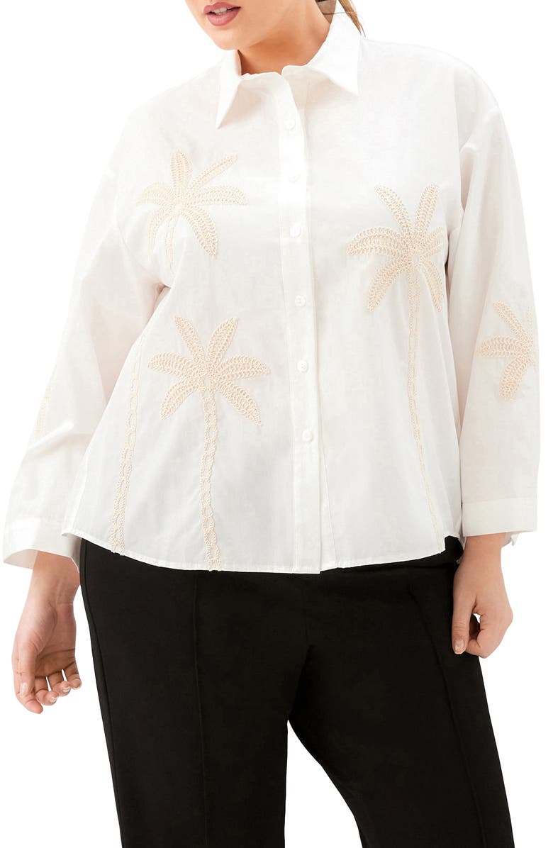 Karen Kane Embroidered Palm Tree Cotton Button-Up Shirt, Main, color, Off White