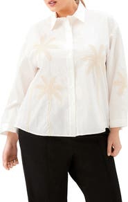 Karen Kane Embroidered Palm Tree Cotton Button-Up Shirt