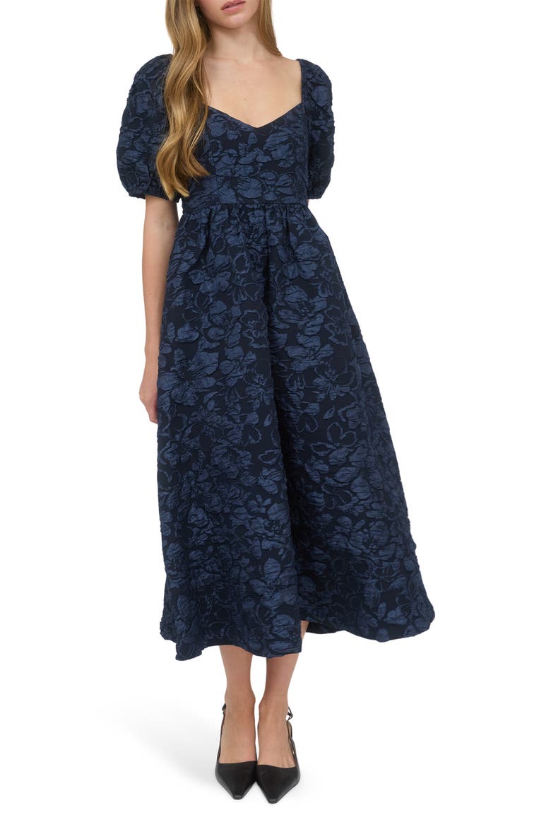 Sweetheart Puff Sleeve Midi Dress, Main, color, NAVY