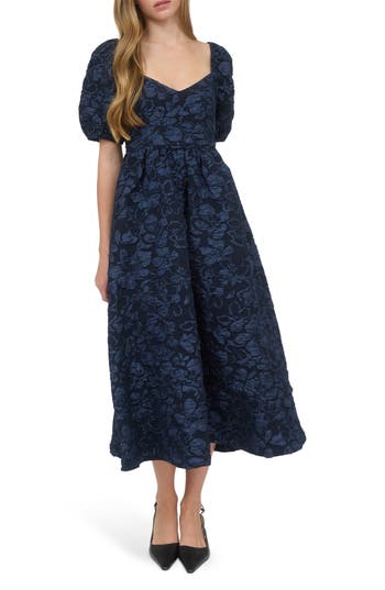 August Sky Sweetheart Puff Sleeve Midi Dress In Blue