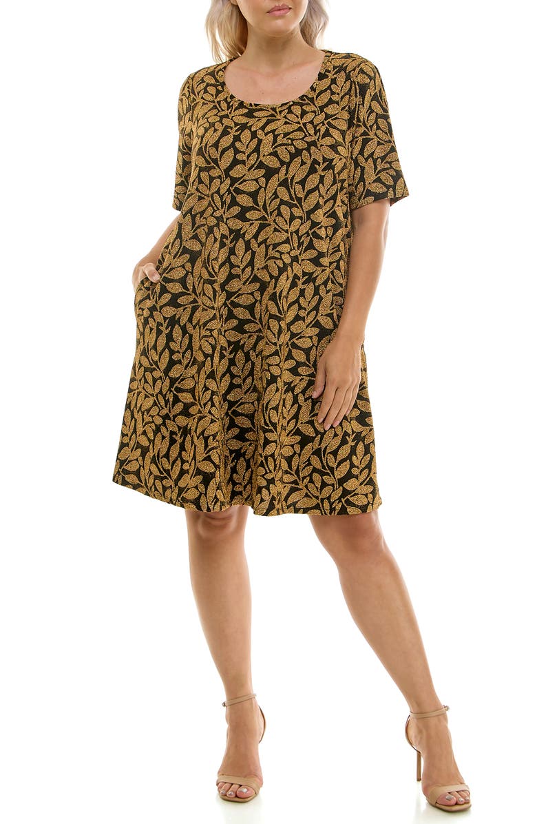 Nina Leonard Metallic Leaf Short Sleeve Trapeze Dress, Main, color, 