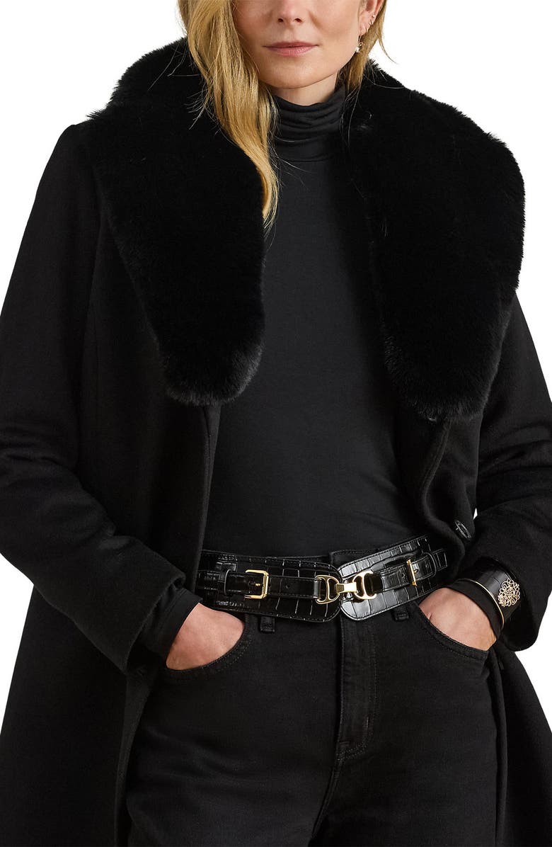 Lauren Ralph Lauren Faux Fur Trim Reefer Jacket, Alternate, color, Black