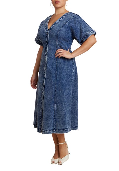 V Neck Flare Denim Dress (Plus)