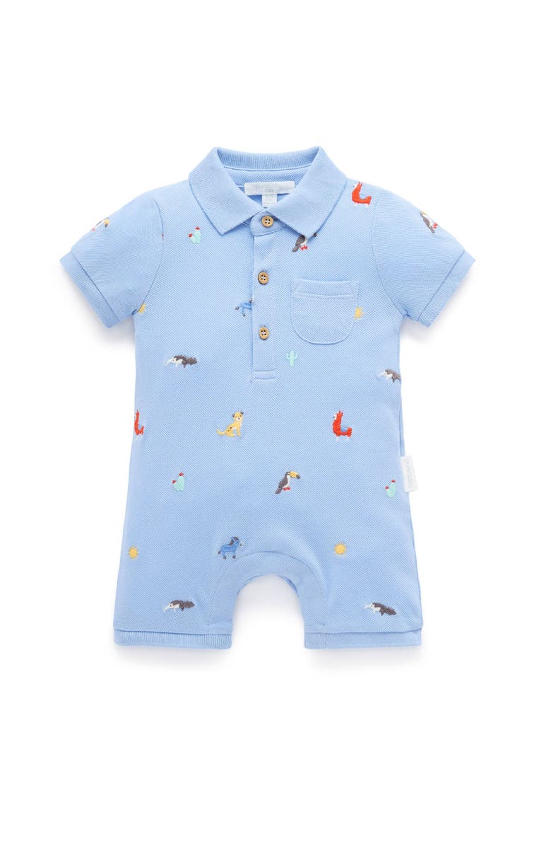Purebaby Embroidered Polo Romper, Main, color, Animal Fiesta Broderie