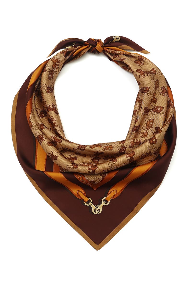 Horse & Carriage Print Silk Square Scarf, Alternate, color, BROWN