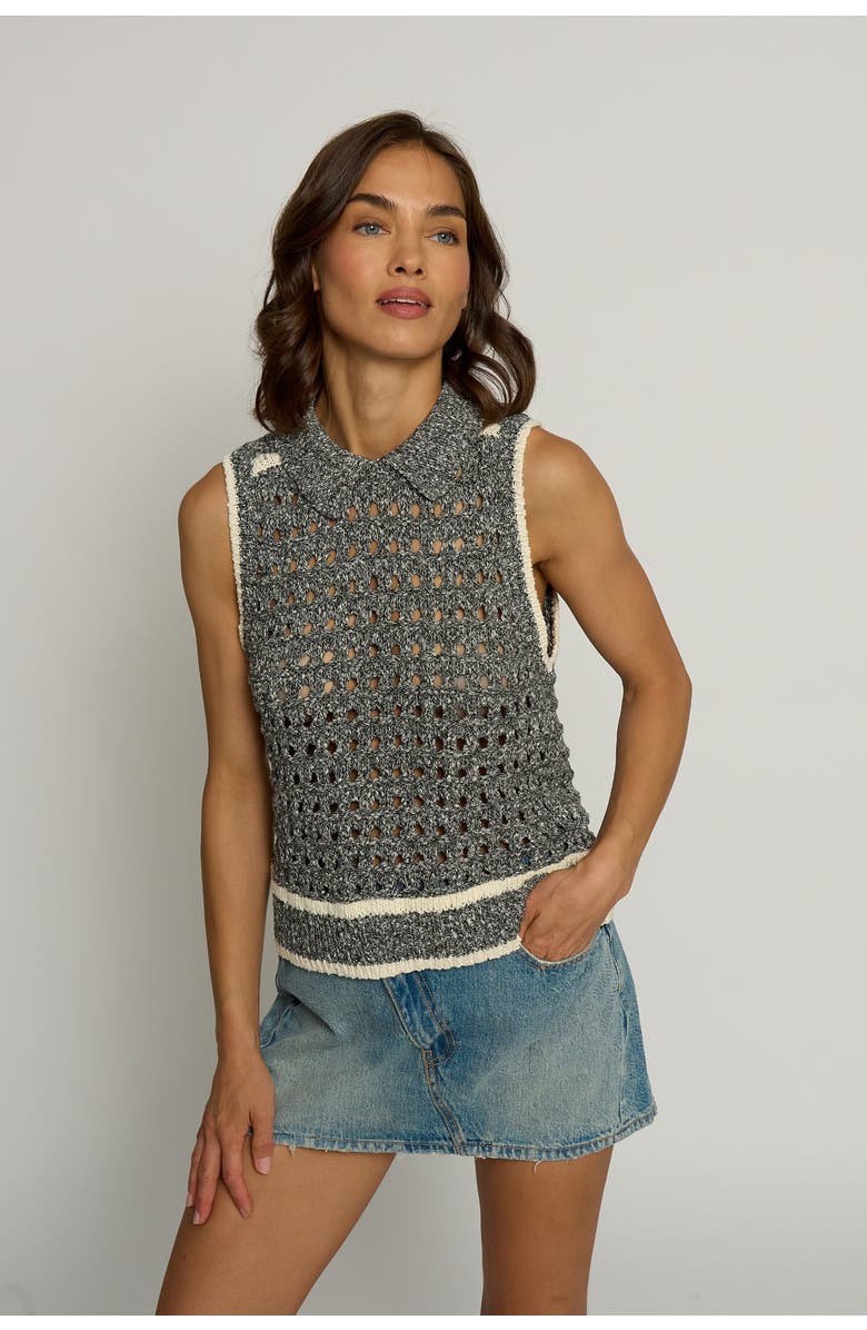 Central Park West Sleeveless Cropped Open Stitch Top, Main, color, Black