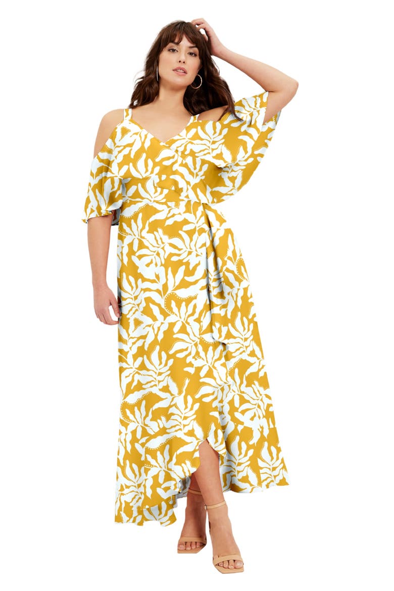 Cold-Shoulder Faux-Wrap Maxi Dress, Main, color, PRESSED LEAF YELLOW