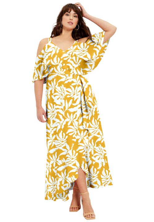 June + Vie Cold-shoulder Faux-wrap Maxi Dress In Yellow