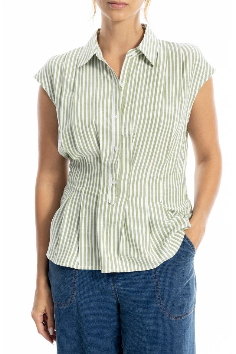 Pin Tuck Pleat Button Front Shirt, Main, color, GREEN/ IVORY EVEN STRIPE
