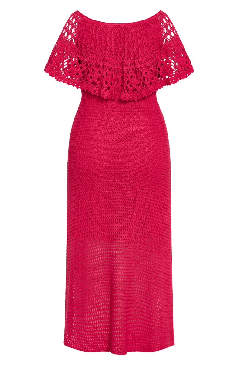 City Chic Callie Open Stitch Tie Waist Off the Shoulder Maxi Dress, Alternate, color, Raspberry