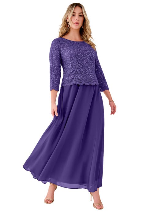 Plus Size Sequin Lace Three Quarter Sleeve A-Line Gown (Plus)