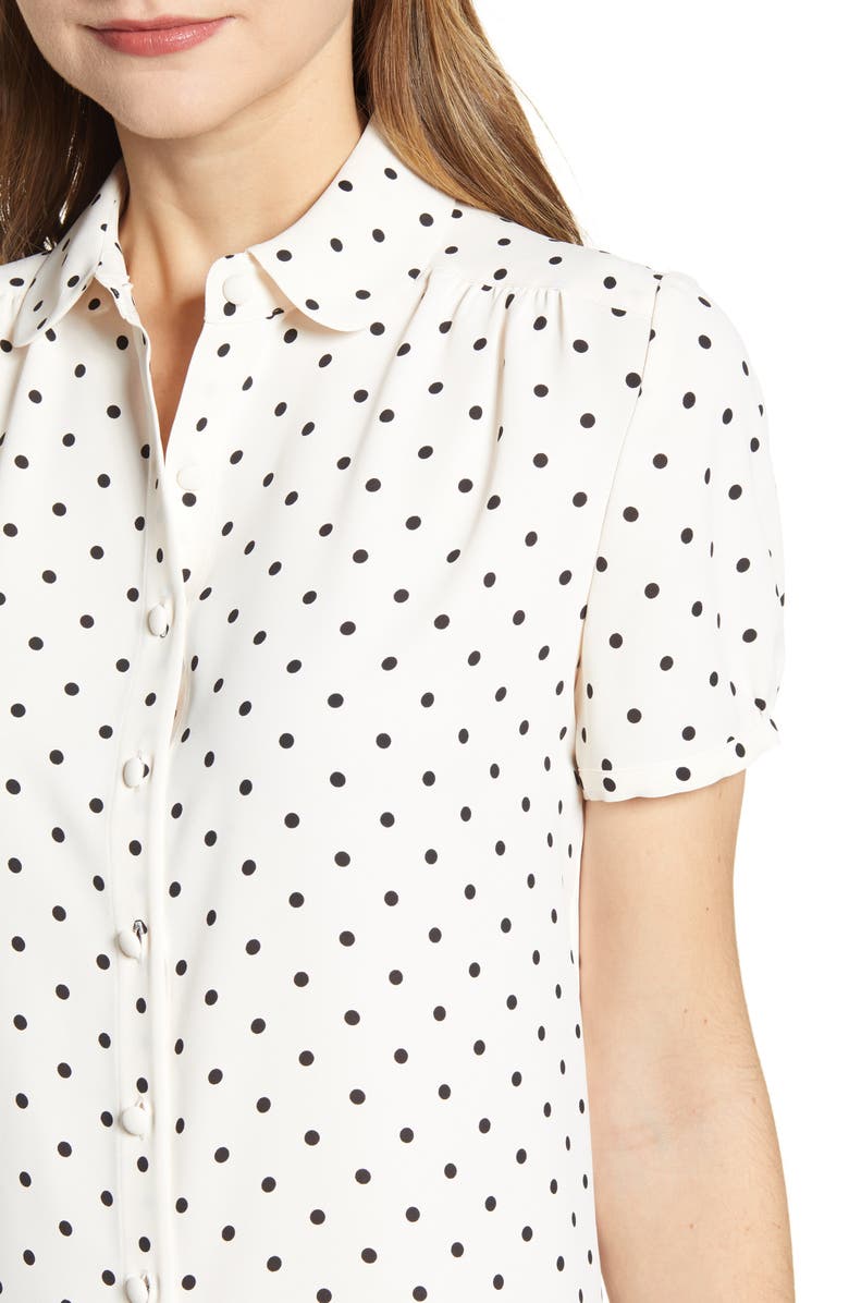 Anne Klein Dot Print Collared Short Sleeve Blouse, Alternate, color, Anne White/ Anne Black