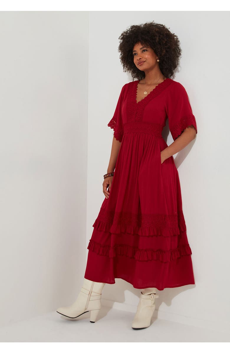 Joe Browns Crochet Trim Boho Midi Dress, Alternate, color, Classic Red