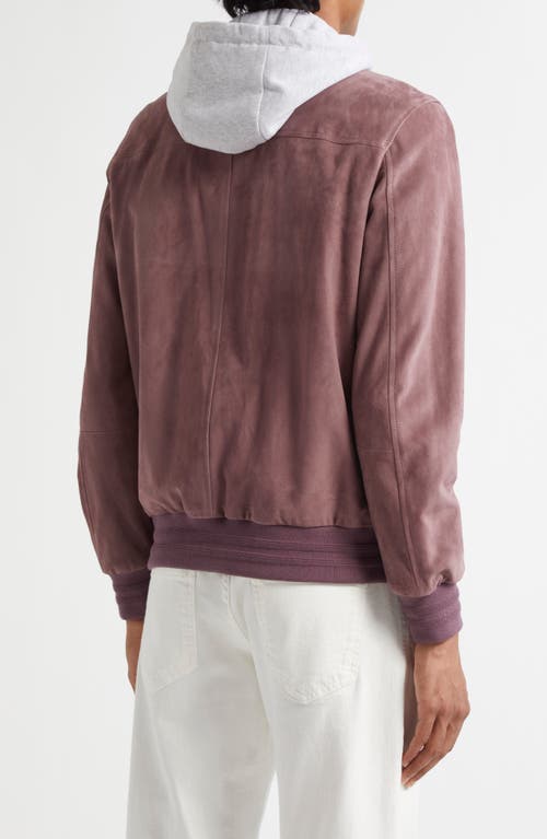 Shop Eleventy Suede Bomber Jacket With Knit Removable Hood In 47-13 Berry Lt Grey Melange
