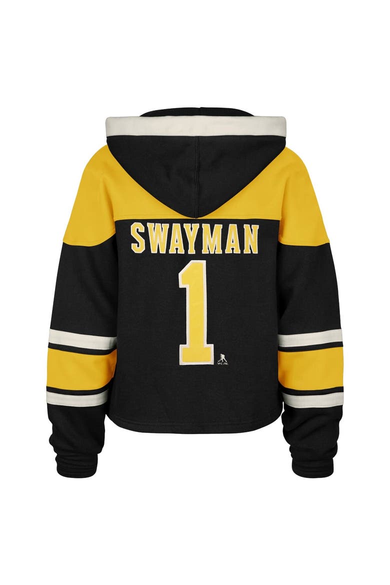 Women's '47 Jeremy Swayman Black Boston Bruins Superior Lacer Cropped Pullover Hoodie, Alternate, color, Black
