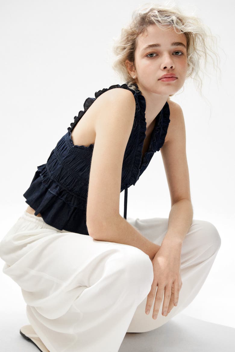Smocked Denim Top, Alternate, color, Dark denim blue