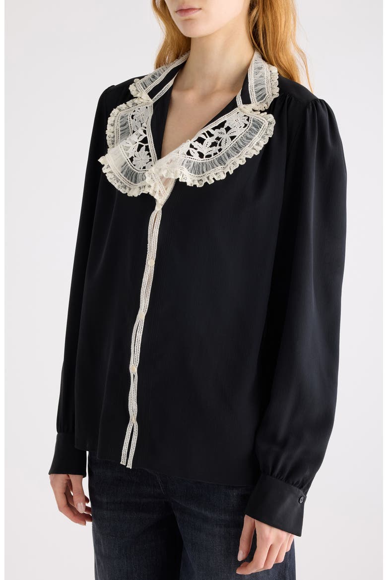 Silk Crêpe de Chine & Lace Ruffle Collar Button-Up Shirt, Alternate, color, BLACK