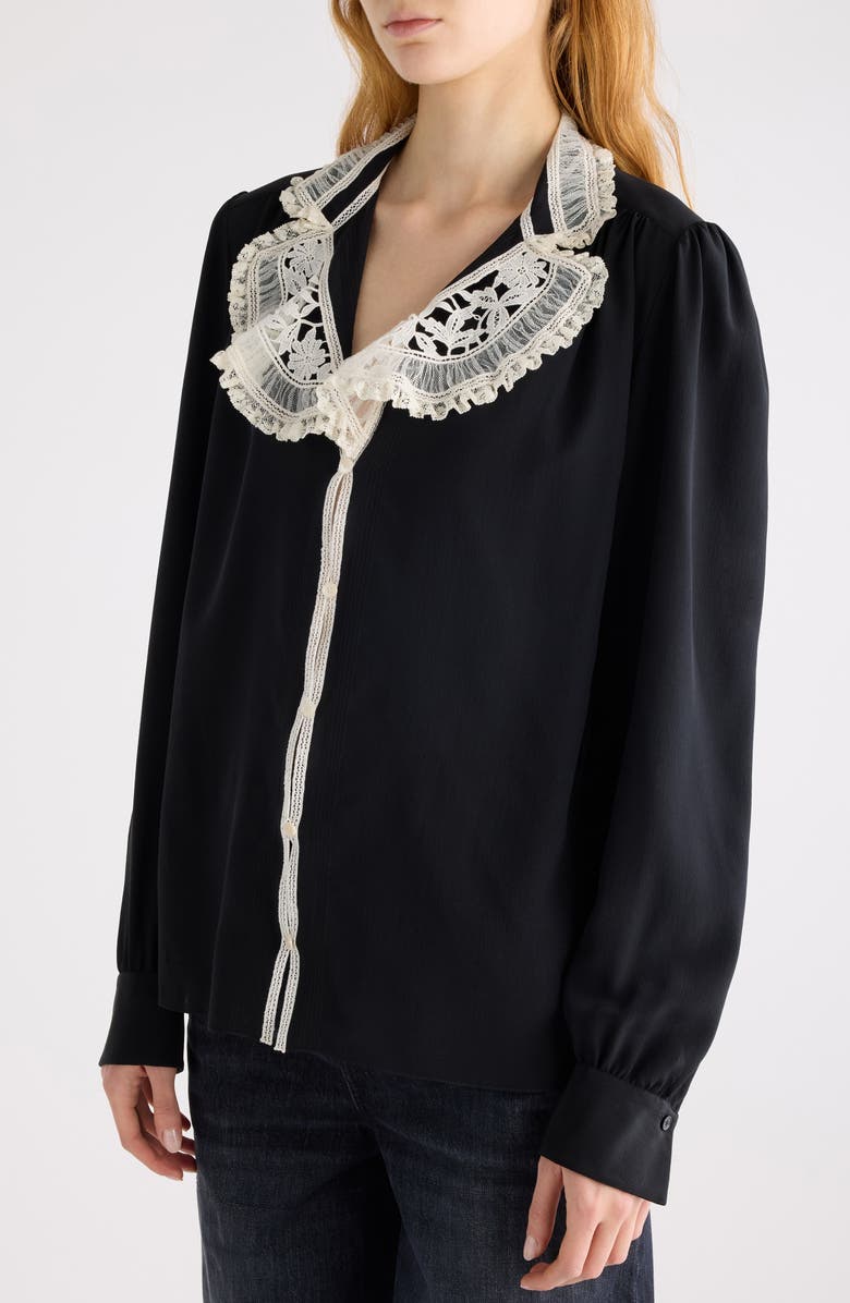 Chloé Silk Crêpe de Chine & Lace Ruffle Collar Button-Up Shirt, Alternate, color, Black