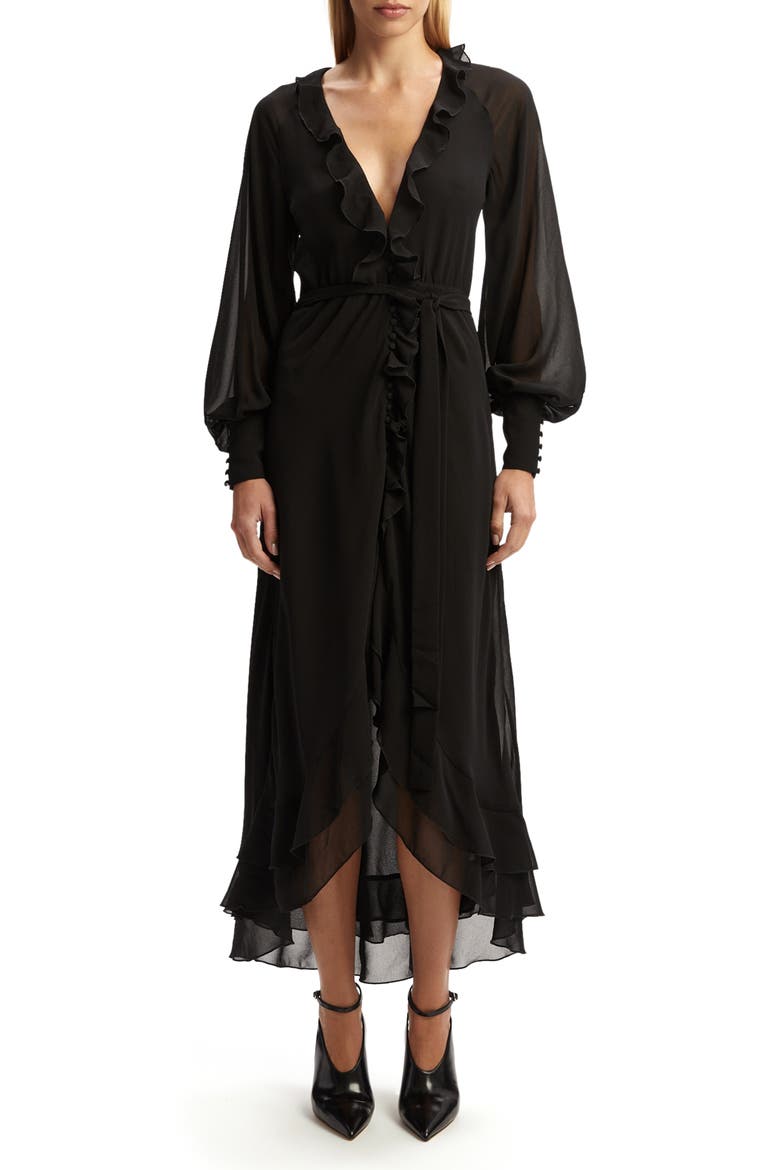 Kassia Ruffle Long Sleeve High/Low Maxi Dress, Main, color, BLACK