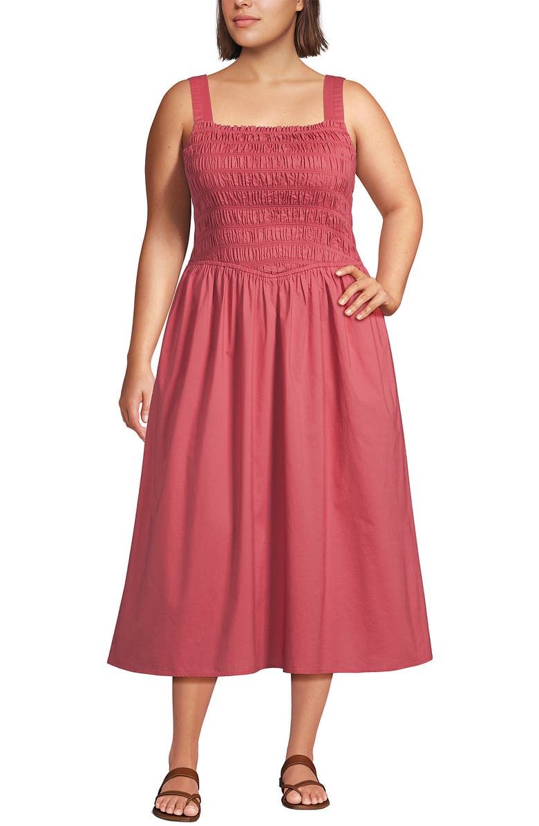 Lands' End Plus Size Poplin Smocked Bodice Midi Dress, Main, color, Soft Mojave Rose