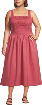 Lands' End Plus Size Poplin Smocked Bodice Midi Dress