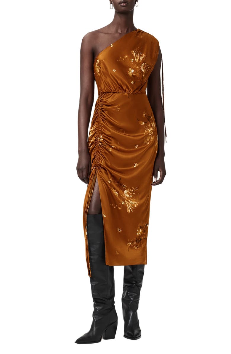 AllSaints Laura Ruched One-Shoulder Satin Cocktail Dress, Main, color, Ania Rust Brown