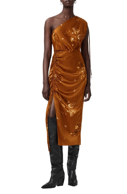 Allsaints Laura Ruched One-shoulder Satin Cocktail Dress In Orange