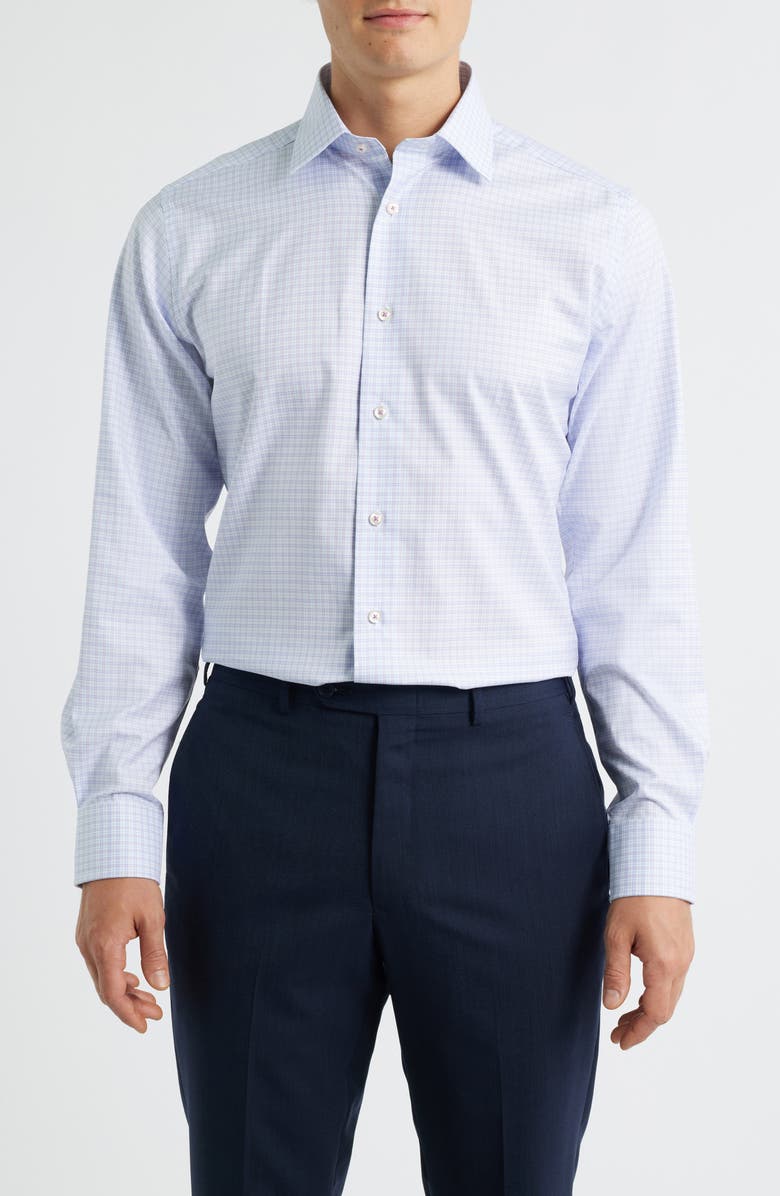David Donahue Trim Fit Twill Check Dress Shirt, Main, color, Sky/Berry
